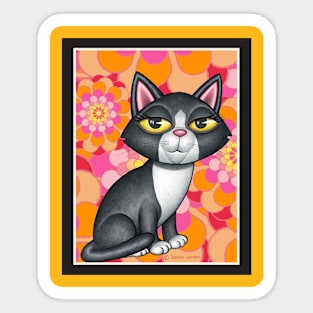 Cute Tuxedo Kitty with orange and pink flowers Sticker